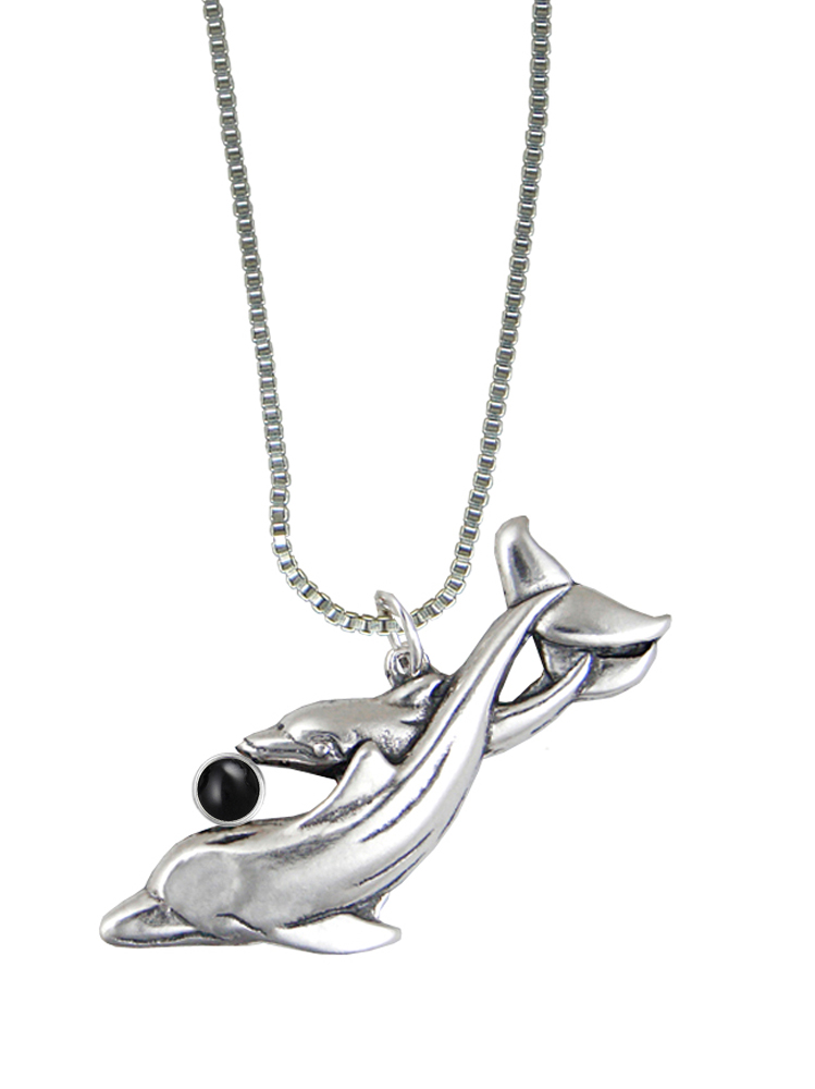 Sterling Silver Playful Dolphins Pendant With Black Onyx